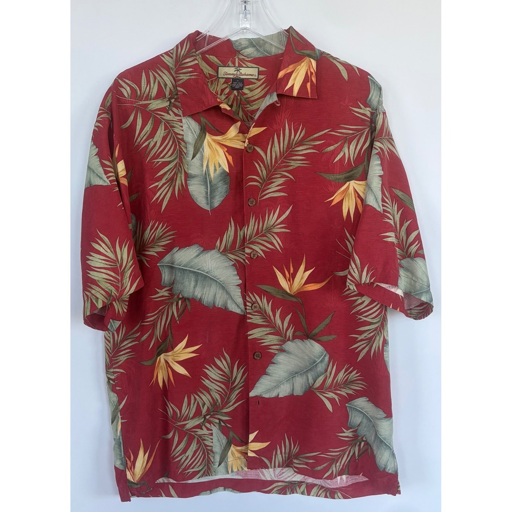 Tommy Bahama Mens XL Red Silk Bird Paradise Camp Shirt Floral Hawaiian Button